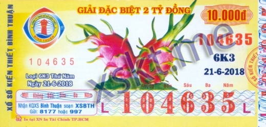 Mẫu vé sô xổ số Bình Thuận ngày 21/6/2018