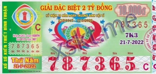 Mẫu vé sô xổ số Bình Thuận ngày 21/7/2022