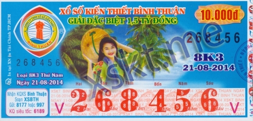 Mẫu vé sô xổ số Bình Thuận ngày 21/8/2014