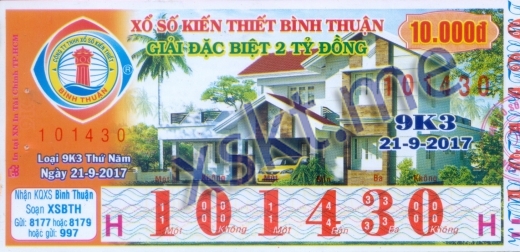 Mẫu vé sô xổ số Bình Thuận ngày 21/9/2017