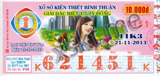 Mẫu vé sô xổ số Bình Thuận ngày 21/11/2013