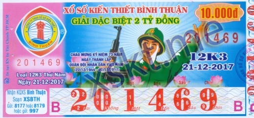Mẫu vé sô xổ số Bình Thuận ngày 21/12/2017