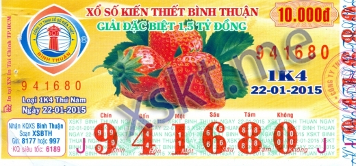 Mẫu vé sô xổ số Bình Thuận ngày 22/1/2015