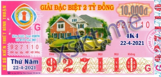 Mẫu vé sô xổ số Bình Thuận ngày 22/4/2021