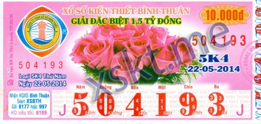 Mẫu vé sô xổ số Bình Thuận ngày 22/5/2014