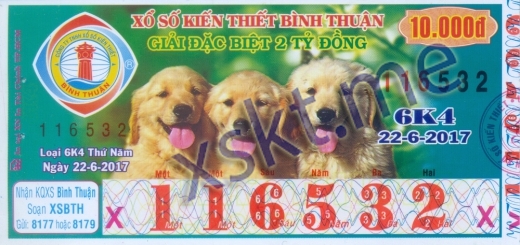 Mẫu vé sô xổ số Bình Thuận ngày 22/6/2017