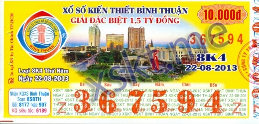 Mẫu vé sô xổ số Bình Thuận ngày 22/8/2013