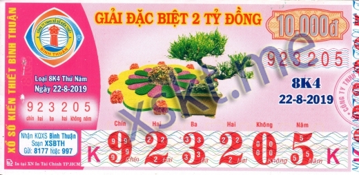 Mẫu vé sô xổ số Bình Thuận ngày 22/8/2019