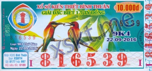 Mẫu vé sô xổ số Bình Thuận ngày 22/9/2016