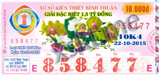 Mẫu vé sô xổ số Bình Thuận ngày 22/10/2015