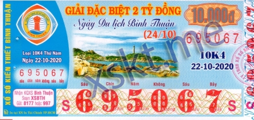 Mẫu vé sô xổ số Bình Thuận ngày 22/10/2020