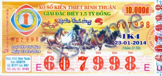 Mẫu vé sô xổ số Bình Thuận ngày 23/1/2014