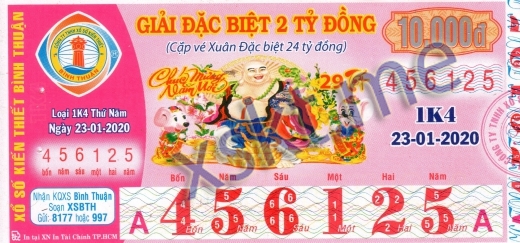 Mẫu vé sô xổ số Bình Thuận ngày 23/1/2020