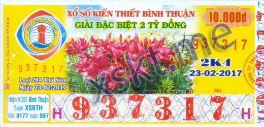 Mẫu vé sô xổ số Bình Thuận ngày 23/2/2017