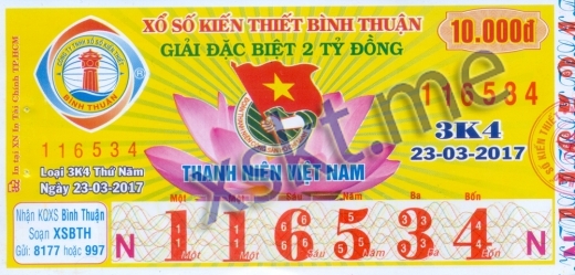 Mẫu vé sô xổ số Bình Thuận ngày 23/3/2017