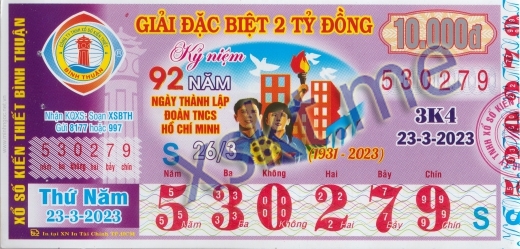 Mẫu vé sô xổ số Bình Thuận ngày 23/3/2023