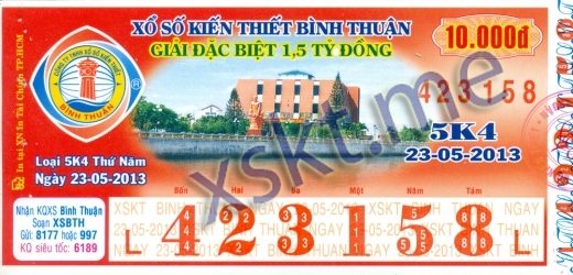 Mẫu vé sô xổ số Bình Thuận ngày 23/5/2013