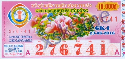 Mẫu vé sô xổ số Bình Thuận ngày 23/6/2016
