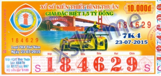 Mẫu vé sô xổ số Bình Thuận ngày 23/7/2015