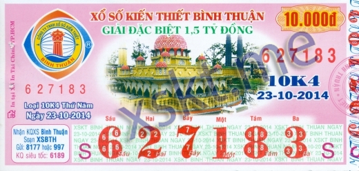 Mẫu vé sô xổ số Bình Thuận ngày 23/10/2014