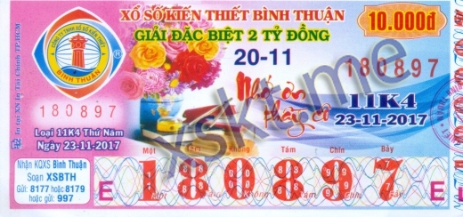 Mẫu vé sô xổ số Bình Thuận ngày 23/11/2017
