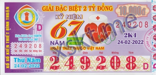 Mẫu vé sô xổ số Bình Thuận ngày 24/2/2022