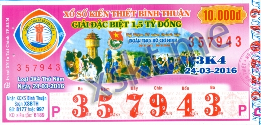 Mẫu vé sô xổ số Bình Thuận ngày 24/3/2016