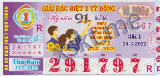Mẫu vé sô xổ số Bình Thuận ngày 24/3/2022
