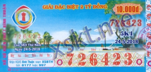 Mẫu vé sô xổ số Bình Thuận ngày 24/5/2018