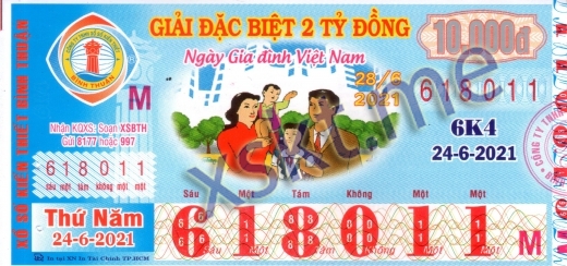 Mẫu vé sô xổ số Bình Thuận ngày 24/6/2021