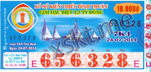 Mẫu vé sô xổ số Bình Thuận ngày 24/7/2014