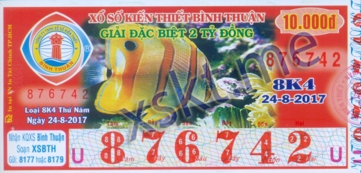 Mẫu vé sô xổ số Bình Thuận ngày 24/8/2017