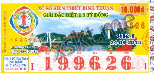 Mẫu vé sô xổ số Bình Thuận ngày 24/9/2015