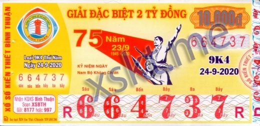 Mẫu vé sô xổ số Bình Thuận ngày 24/9/2020