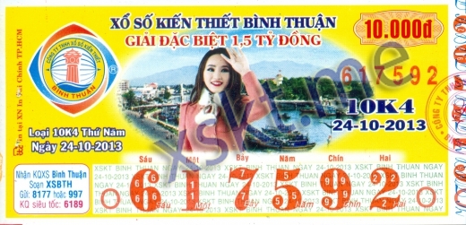 Mẫu vé sô xổ số Bình Thuận ngày 24/10/2013
