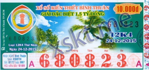 Mẫu vé sô xổ số Bình Thuận ngày 24/12/2015