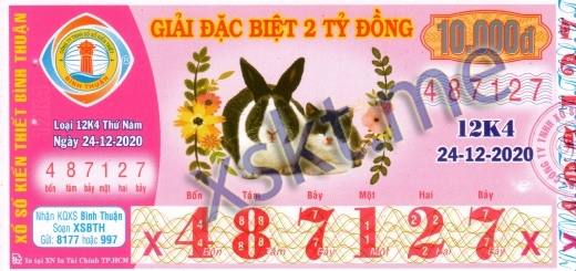 Mẫu vé sô xổ số Bình Thuận ngày 24/12/2020