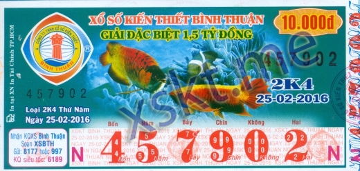 Mẫu vé sô xổ số Bình Thuận ngày 25/2/2016