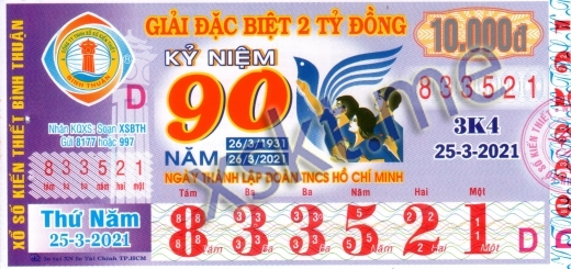 Mẫu vé sô xổ số Bình Thuận ngày 25/3/2021