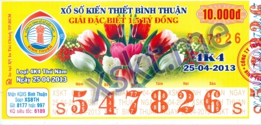 Mẫu vé sô xổ số Bình Thuận ngày 25/4/2013
