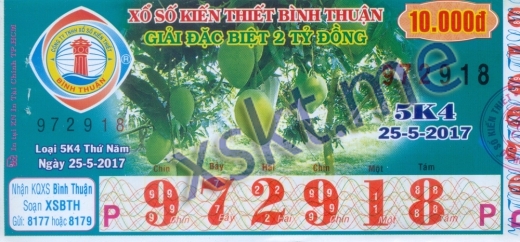 Mẫu vé sô xổ số Bình Thuận ngày 25/5/2017