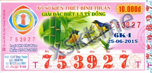 Mẫu vé sô xổ số Bình Thuận ngày 25/6/2015
