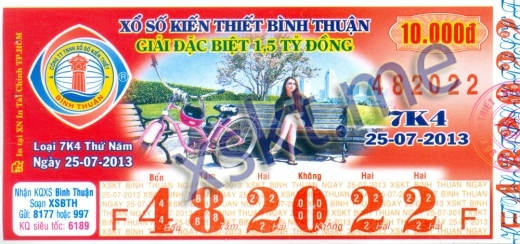 Mẫu vé sô xổ số Bình Thuận ngày 25/7/2013