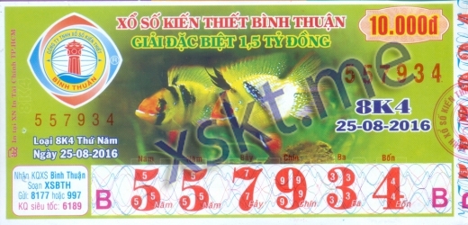 Mẫu vé sô xổ số Bình Thuận ngày 25/8/2016