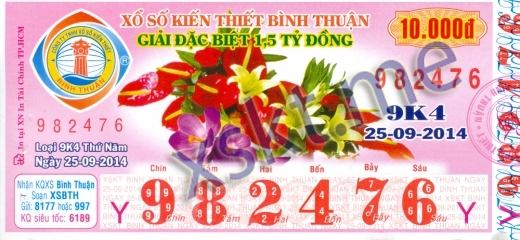 Mẫu vé sô xổ số Bình Thuận ngày 25/9/2014