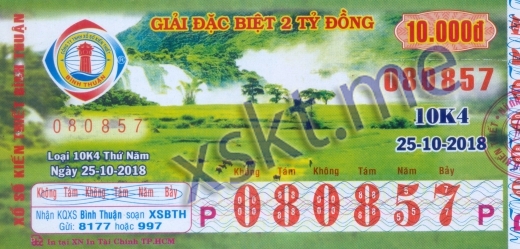 Mẫu vé sô xổ số Bình Thuận ngày 25/10/2018