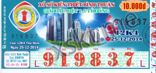 Mẫu vé sô xổ số Bình Thuận ngày 25/12/2014