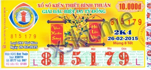 Mẫu vé sô xổ số Bình Thuận ngày 26/2/2015