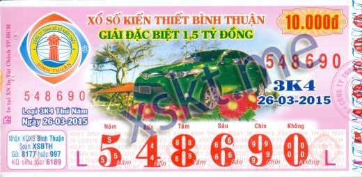 Mẫu vé sô xổ số Bình Thuận ngày 26/3/2015