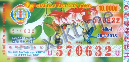 Mẫu vé sô xổ số Bình Thuận ngày 26/4/2018